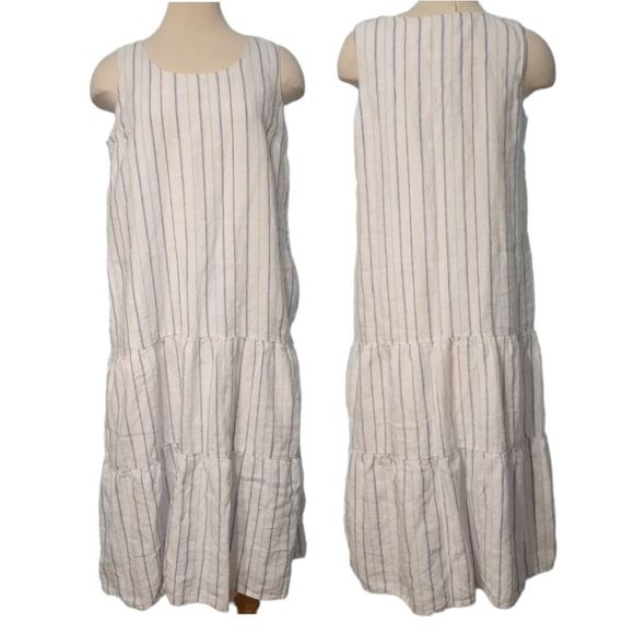 J.Jill Linen Maxi Dress Tiered Steipe White/Blue Size Medium Petite - Picture 1 of 11